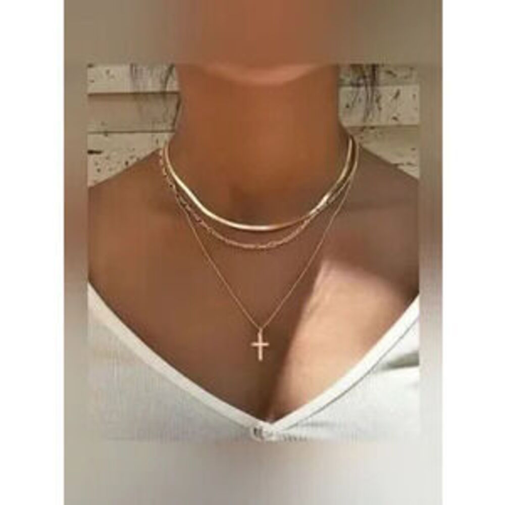 Gold Stainless Steel 3pc Cross Herringbone Necklace Set Dainty